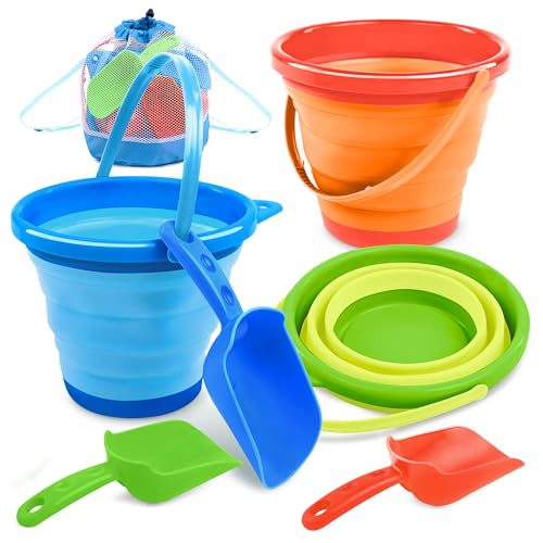 JOYIN Collapsible Beach Bucket Set 3-Pack for Kids with Shovels