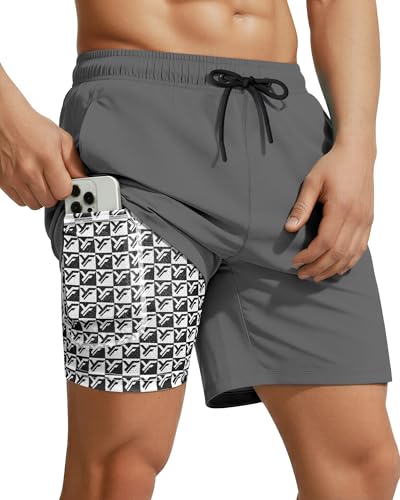 Yufawow 7 Inch Men's Swim Trunks with Compression Liner Quick Dry