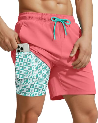 Yufawow 7 Inch Men's Swim Trunks with Compression Liner Quick Dry