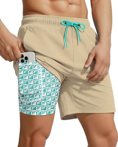 Yufawow 7 Inch Men's Swim Trunks with Compression Liner Quick Dry