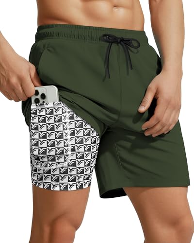 Yufawow 7 Inch Men's Swim Trunks with Compression Liner Quick Dry