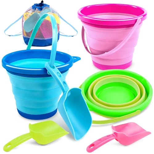 JOYIN Collapsible Beach Bucket Set 3-Pack for Kids with Shovels