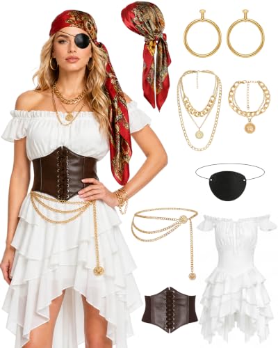 INFLATJOY Women's Pirate Costume Renaissance Medieval Dress with Accessories 8-Piece Set