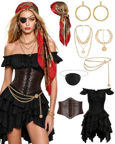 INFLATJOY Women's Pirate Costume Renaissance Medieval Dress with Accessories 8-Piece Set