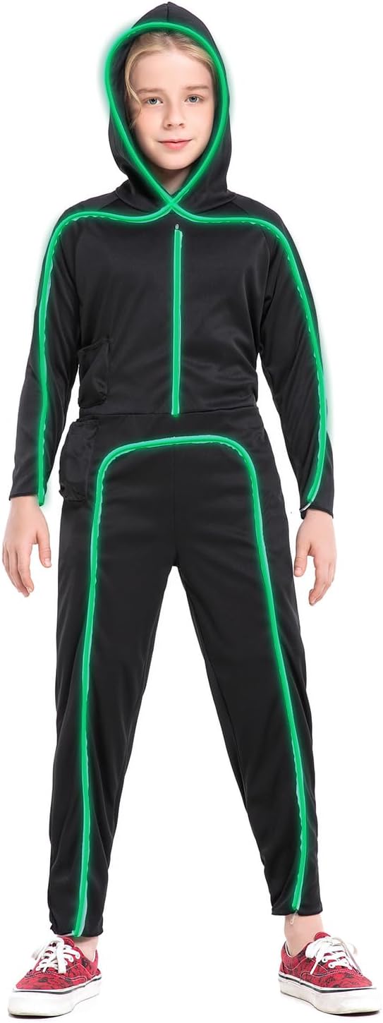 HSCTEK Kids' Light Up Stick Figure Costume LED Halloween Bodysuit Green