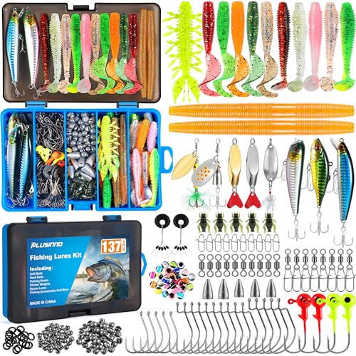 PLUSINNO 137-Piece Fishing Lure Kit Tackle Box with Crankbaits Spoons Hooks Weights for Bass Trout Freshwater
