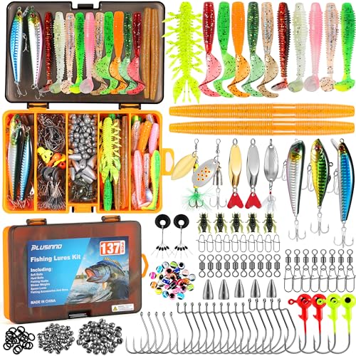 PLUSINNO 137-Piece Fishing Lure Kit Tackle Box with Crankbaits Spoons Hooks Weights for Bass Trout Freshwater