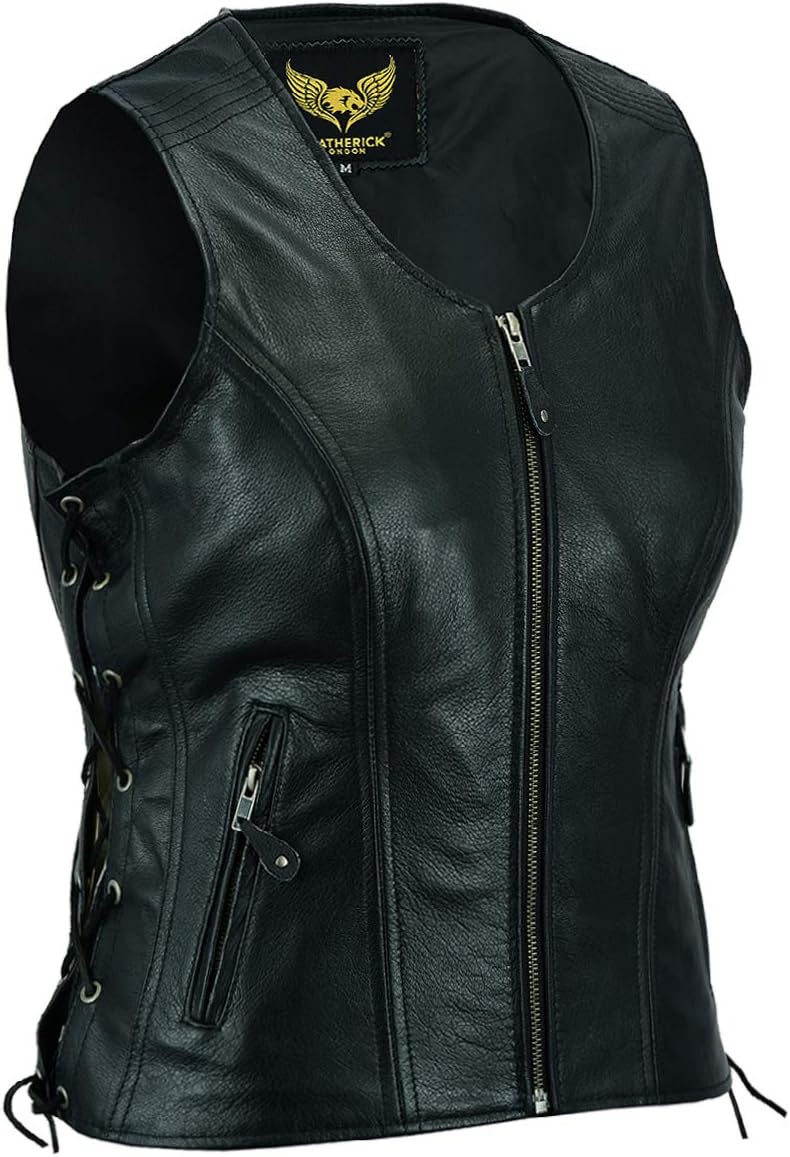 Motorcycle Leather Vest Buffalo. This tapered vest is adjustable for wearing over tank top or winter Harley-Davidson Hoody.