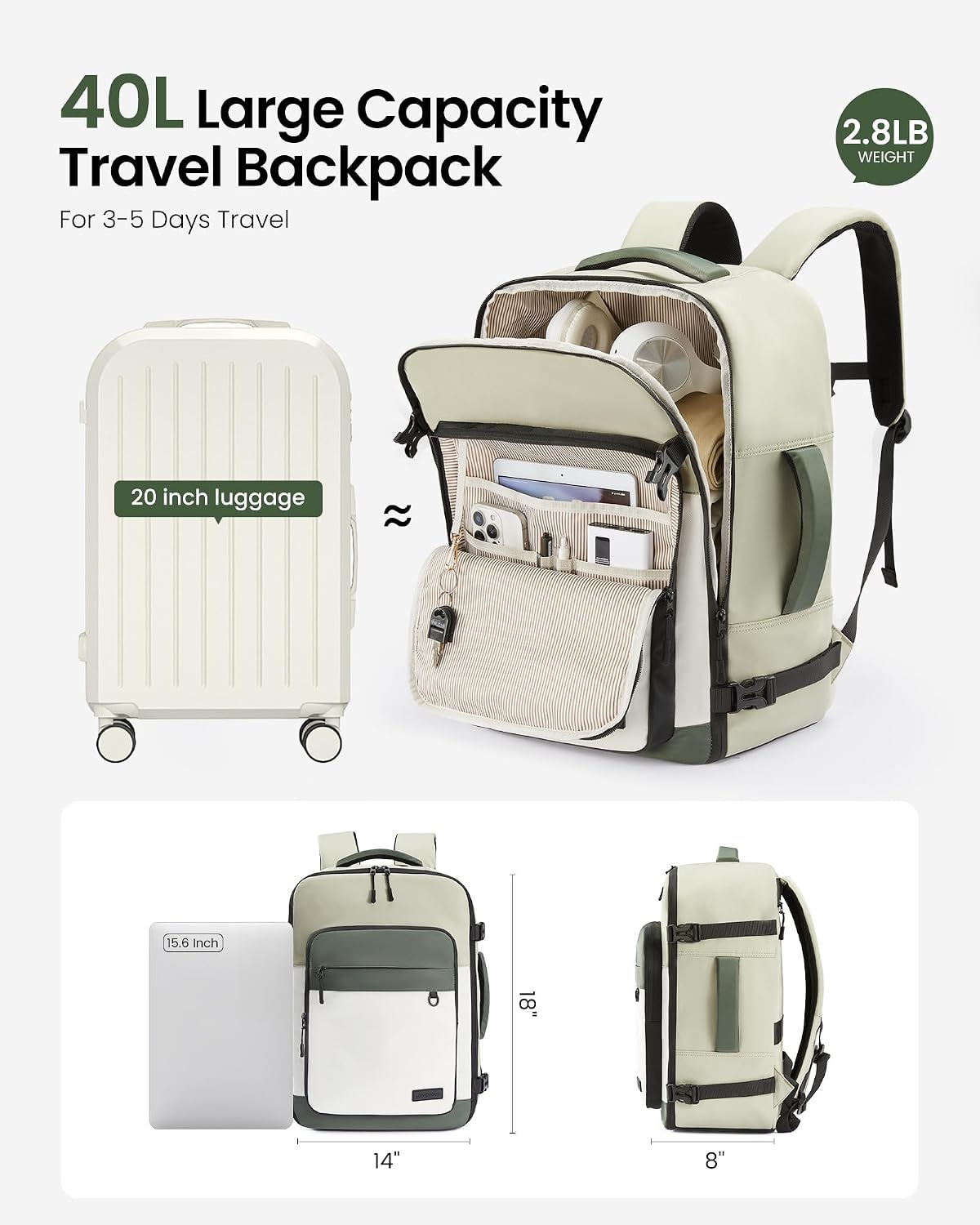 LOVEVOOK Travel Backpack for Women & Men 40L Carry On with 3 Packing Cubes