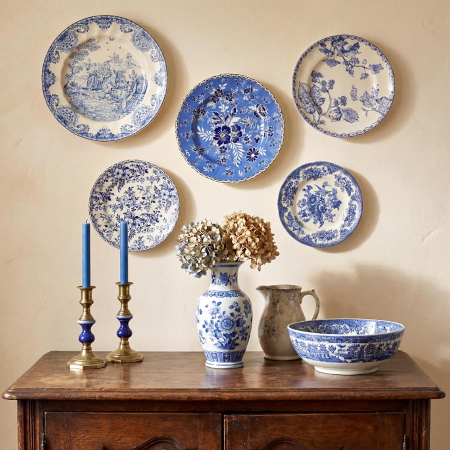 Yiyiring 5 Pcs Blue and White Ceramic Wall Plates Set, Holland Vintage Botanical Decor