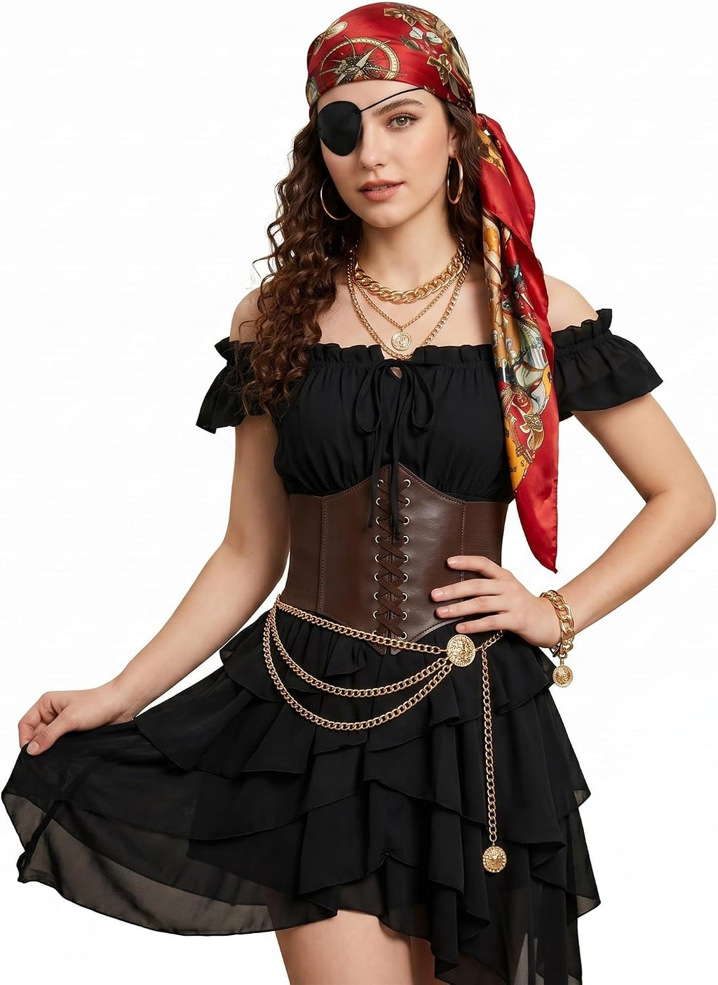 INFLATJOY Women's Pirate Costume Renaissance Medieval Dress with Accessories 8-Piece Set