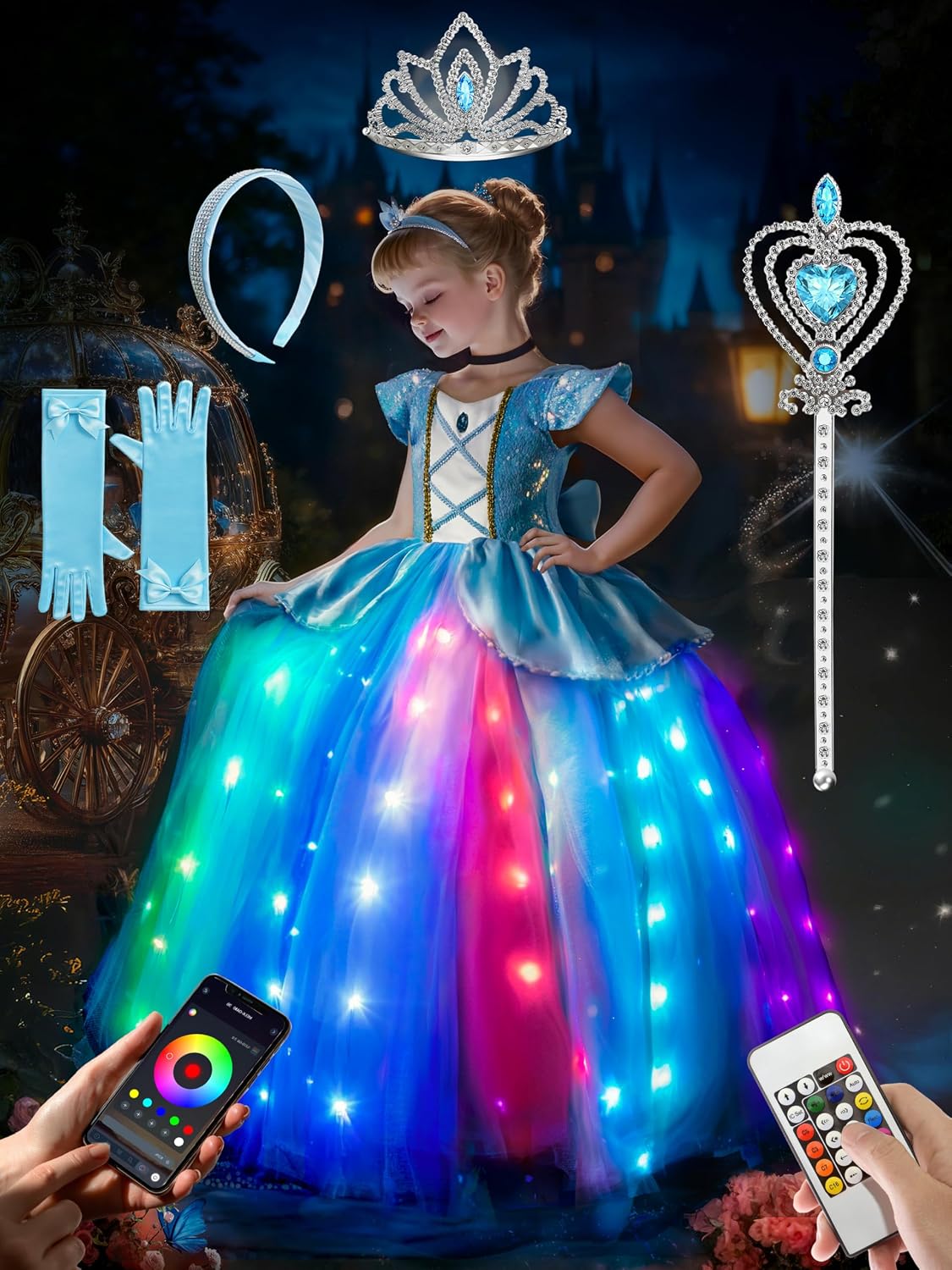BLINGCOS Girls' Light Up Princess Dress RGB LED Music Sync Costume with Accessories