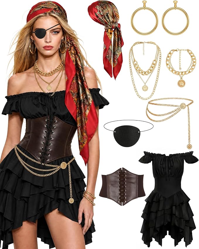 INFLATJOY Women's Pirate Costume Renaissance Medieval Dress with Accessories 8-Piece Set