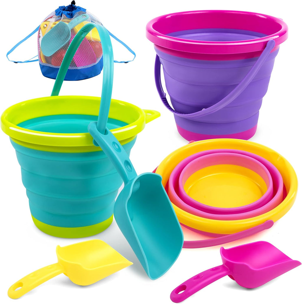JOYIN Collapsible Beach Bucket Set 3-Pack for Kids with Shovels