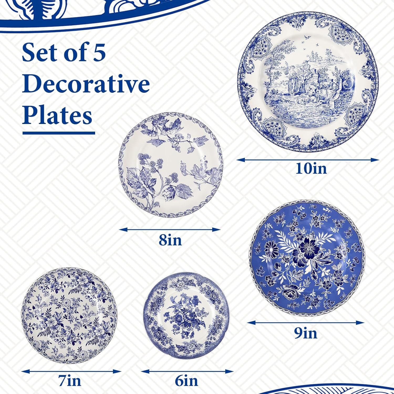 Yiyiring 5 Pcs Blue and White Ceramic Wall Plates Set, Holland Vintage Botanical Decor