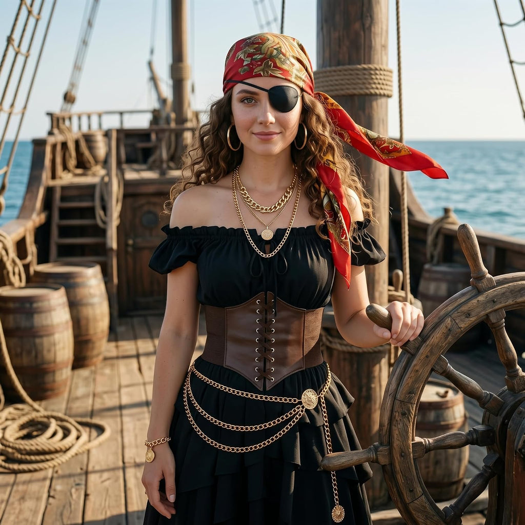 INFLATJOY Women's Pirate Costume Renaissance Medieval Dress with Accessories 8-Piece Set