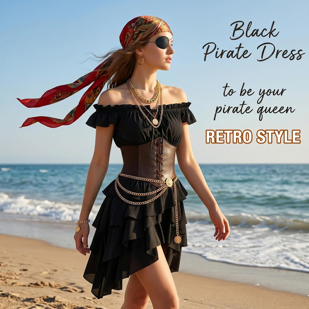 INFLATJOY Women's Pirate Costume Renaissance Medieval Dress with Accessories 8-Piece Set