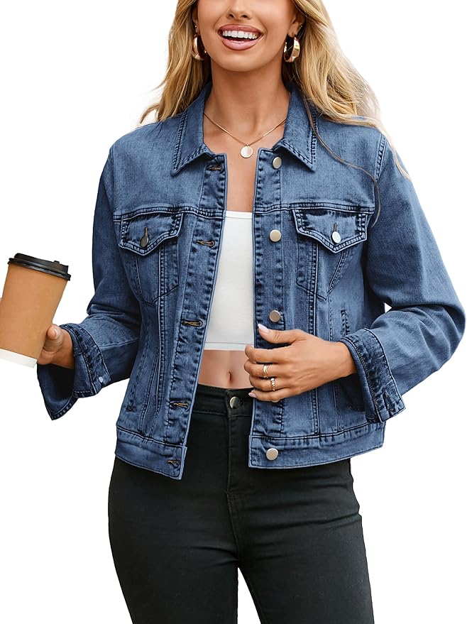Glamaker Women's Denim Jacket 2026 Trendy Long Sleeve Button Down Fitted Western Coat with Pockets