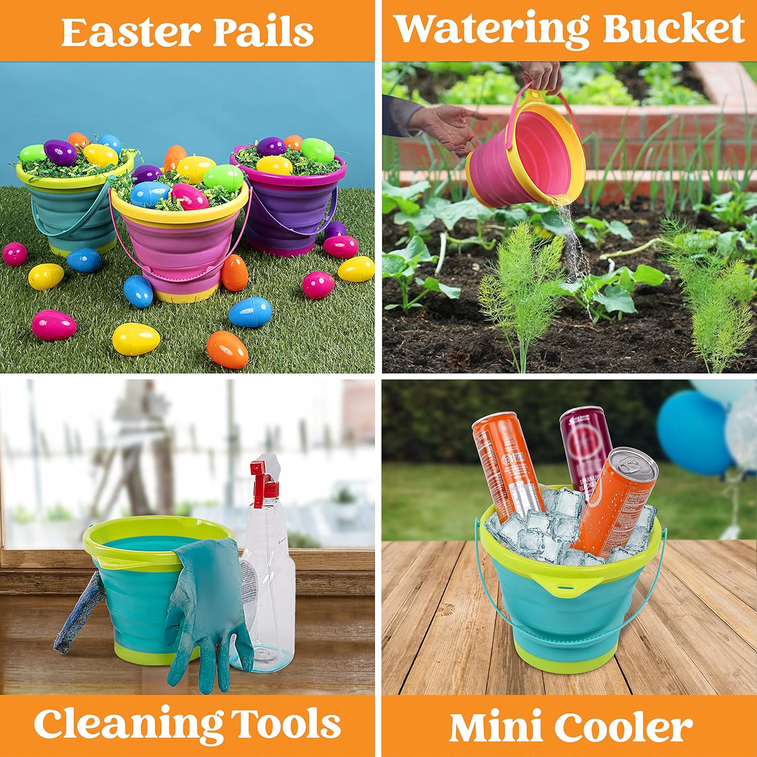 JOYIN Collapsible Beach Bucket Set 3-Pack for Kids with Shovels
