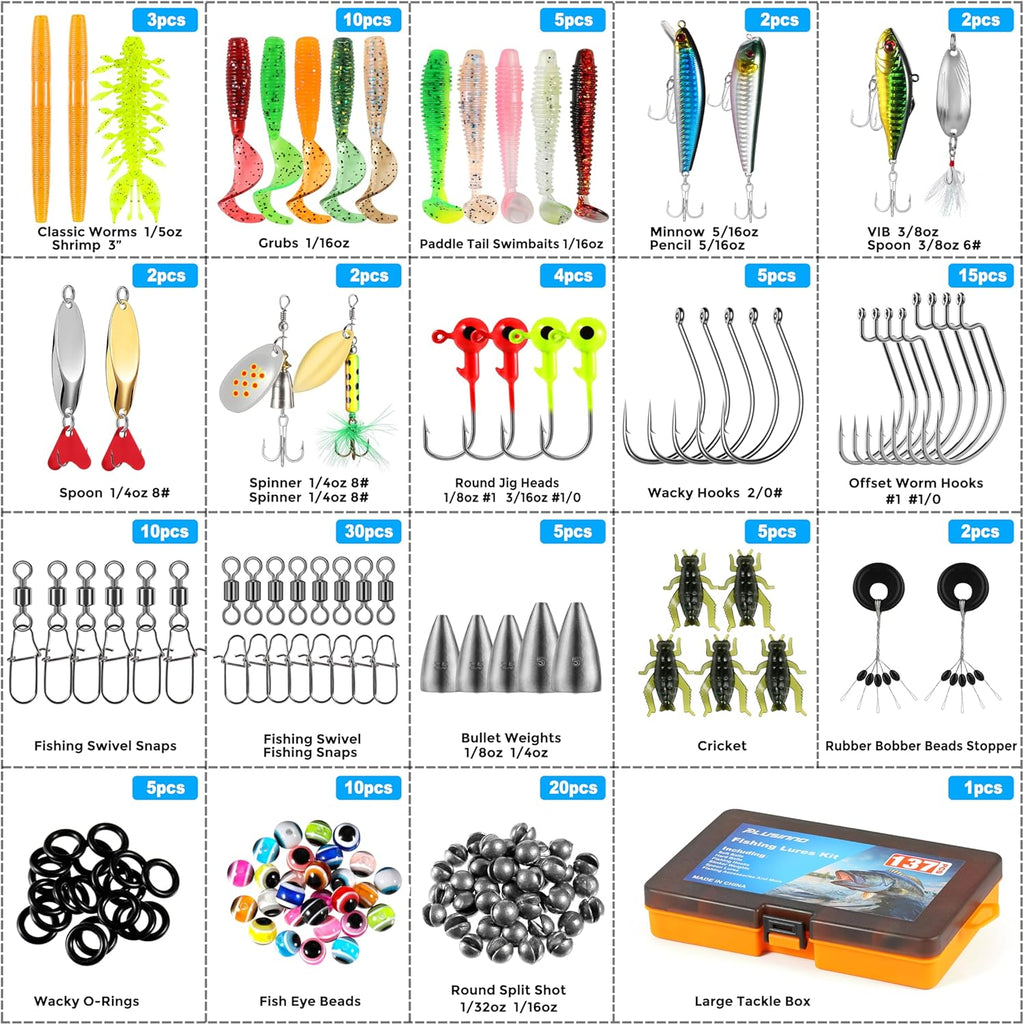 PLUSINNO 137-Piece Fishing Lure Kit Tackle Box with Crankbaits Spoons Hooks Weights for Bass Trout Freshwater