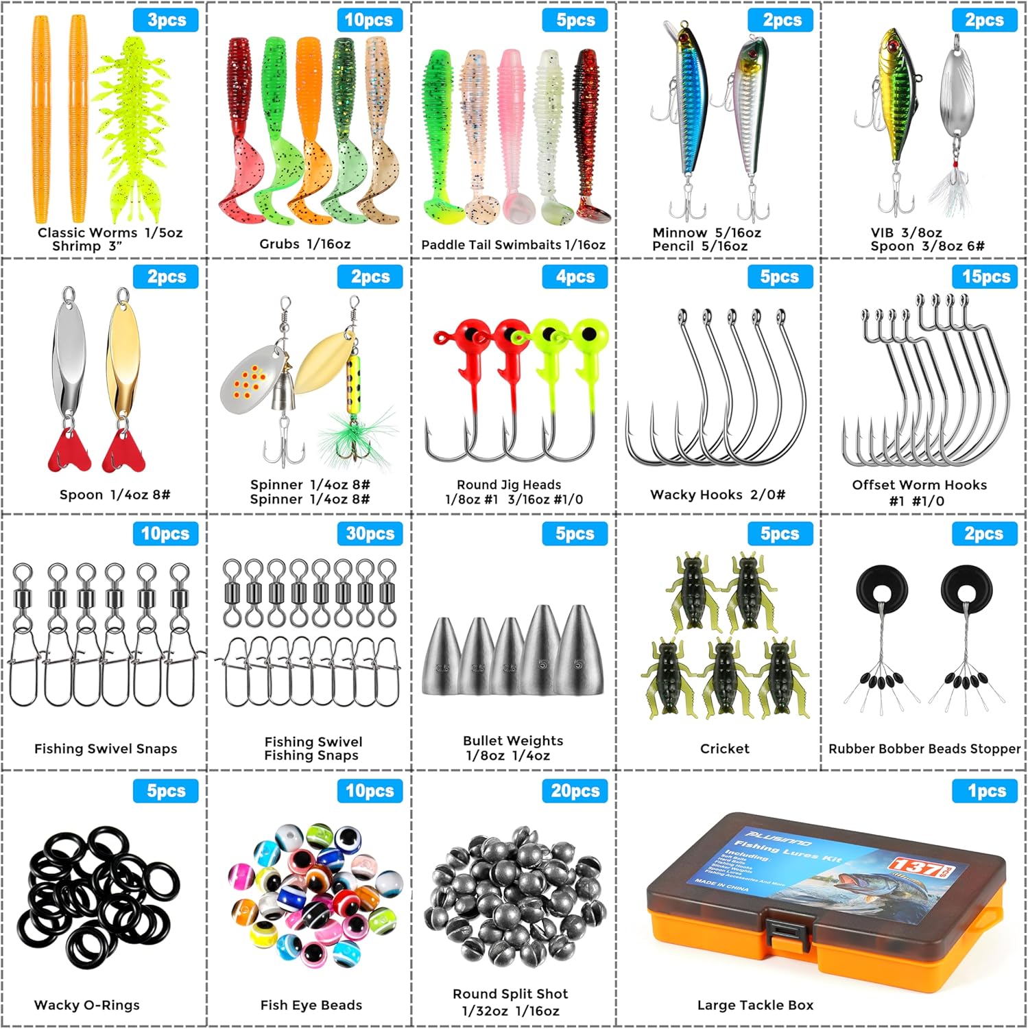 PLUSINNO 137-Piece Fishing Lure Kit Tackle Box with Crankbaits Spoons Hooks Weights for Bass Trout Freshwater