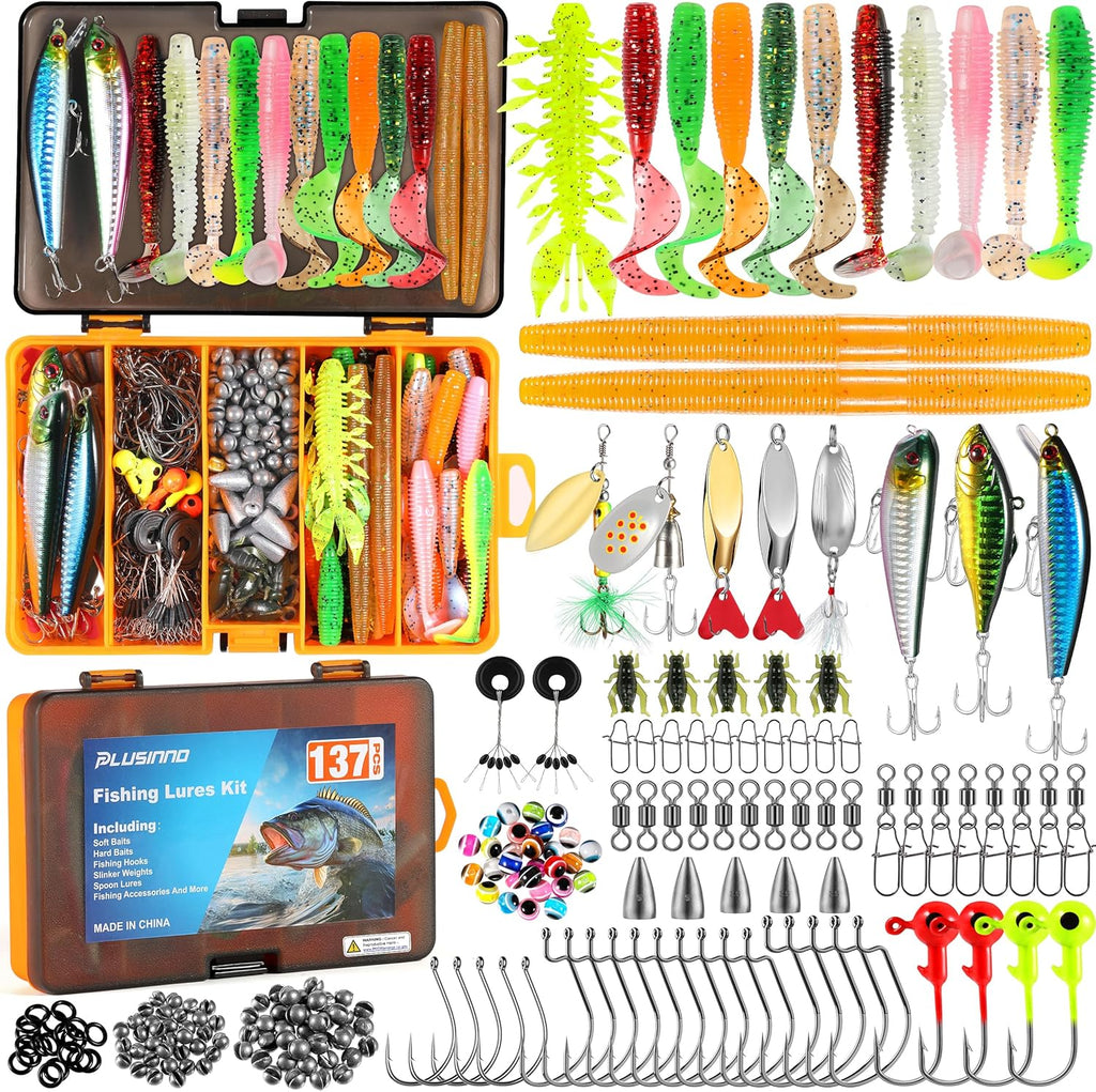 PLUSINNO 137-Piece Fishing Lure Kit Tackle Box with Crankbaits Spoons Hooks Weights for Bass Trout Freshwater