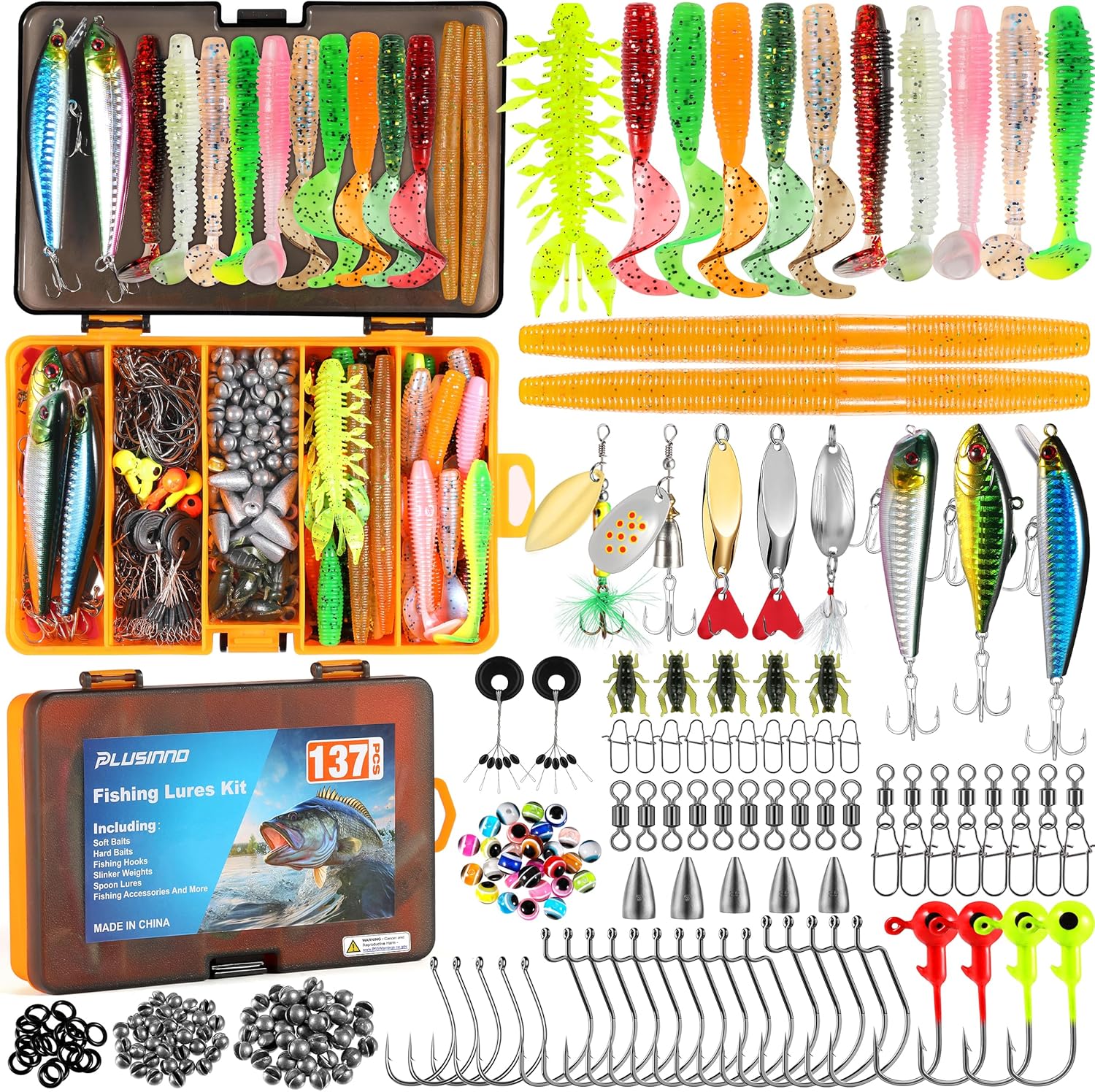 PLUSINNO 137-Piece Fishing Lure Kit Tackle Box with Crankbaits Spoons Hooks Weights for Bass Trout Freshwater