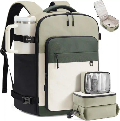 Backpack for Travel Carry on A multi-compartment travel backpack cup holder with a white insulated bottle, a zippered pouch