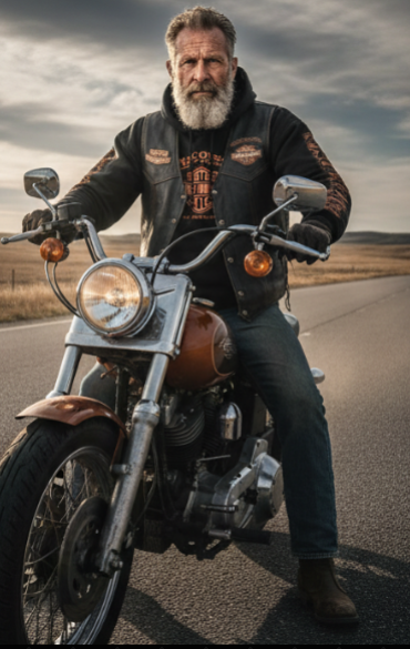 Harley-Davidson Man Hoodie jacket and jeans sits on a brown and chrome cruiser motorcycle on an open road.