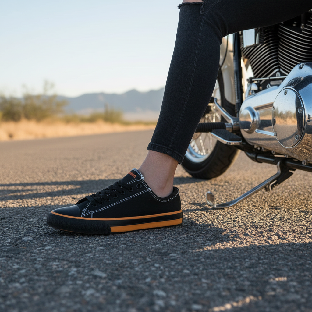 A person wearing black low-top sneakers with a tan sidewall sits beside a motorcycle on an asphalt road in a desert setting.