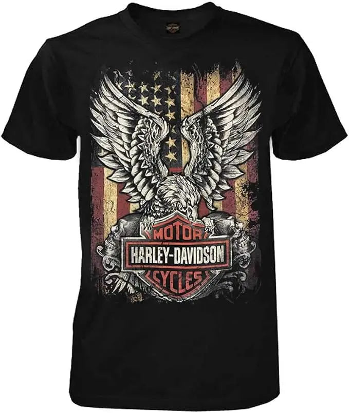 Harley-Davidson Men's Up-Swept Eagle T-Shirt front graph over a distressed American flag and a Harley-Davidson logo patch.