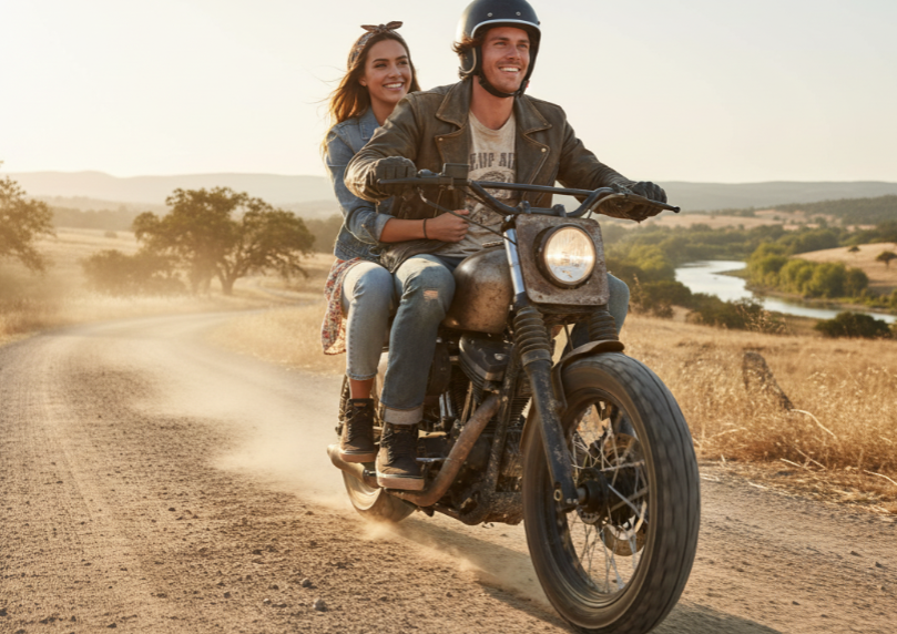 A man and a woman ride a vintage-style motorcycle down a dusty dirt road in a rural landscape at golden hour. The man wears a black helmet and leather jacket, and the woman sits behind him wearing jeans and a denim top.