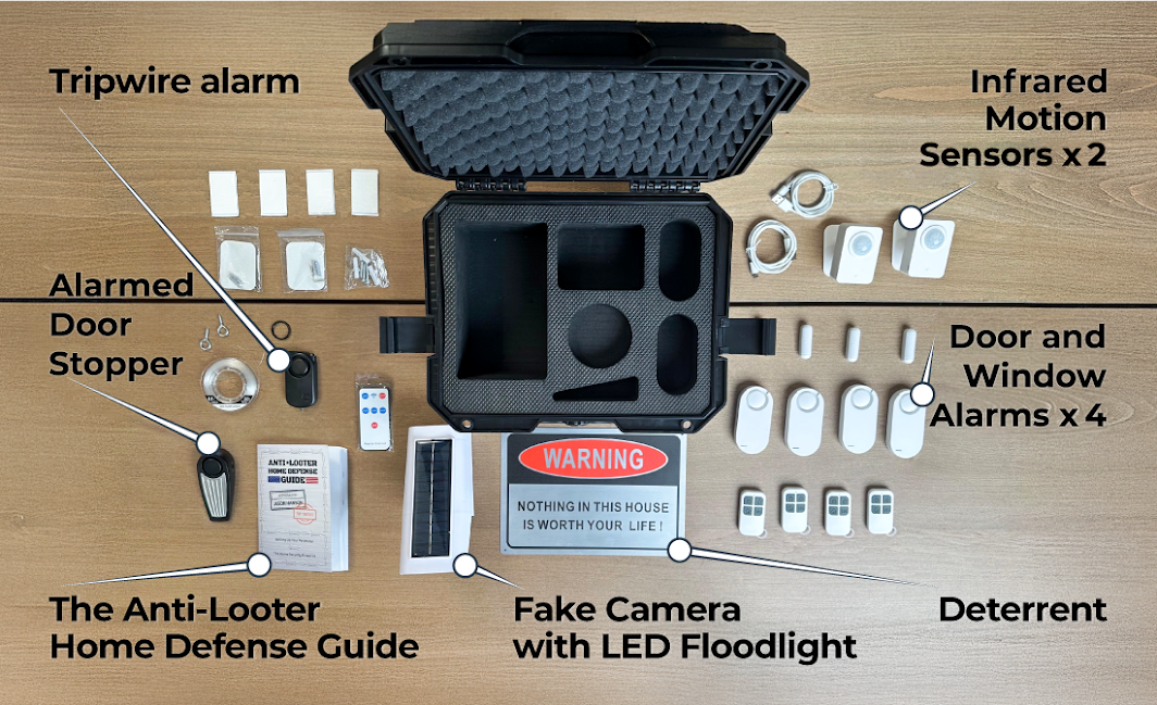 Anti-Looter Complete Home Security Defense Kit with Motion Sensors, Tripwire, Door Jammer, Flood Light, and Window Alarms