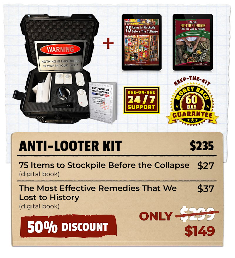 Anti-Looter Complete Home Security Defense Kit with Motion Sensors, Tripwire, Door Jammer, Flood Light, and Window Alarms