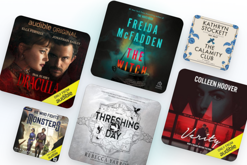 Audible book and arranged on a white background, including Dracula, The Witch, The Calamity Club, He Who Fights