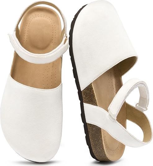 Women's Perforated Closed Toe Flat Sandals Lightweight Non-Slip White
