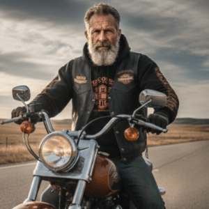Harley-Davidson Man Hoodie jacket and jeans sits on a brown and chrome cruiser motorcycle on an open road.