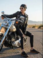 Harley-Davidson Women Sneakers. A woman wearing black leather jacket, ripped black jeans,