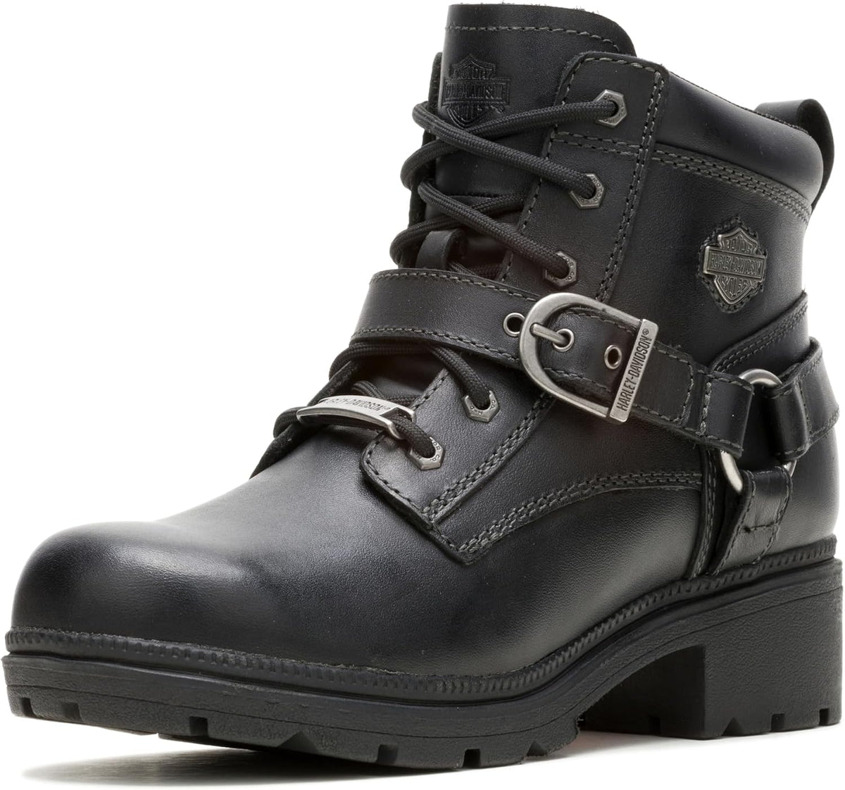 Harley-Davidson Women's Boot Ankle Tegan leather harness buckle, lace-up, side zipper. Cushioned lining and rubber outsole.