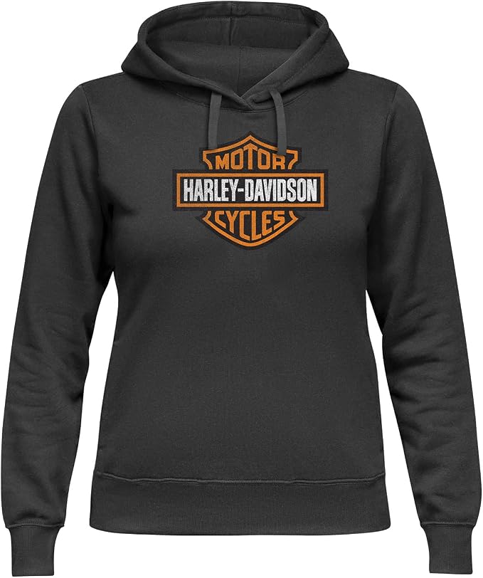 A dark charcoal gray pullover hoodie featuring the orange and white Harley-Davidson logo printed on the chest, displayed