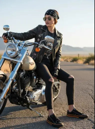 A woman wearing a black leather jacket, ripped black jeans, and black loafers sits on a cruiser motorcycle o