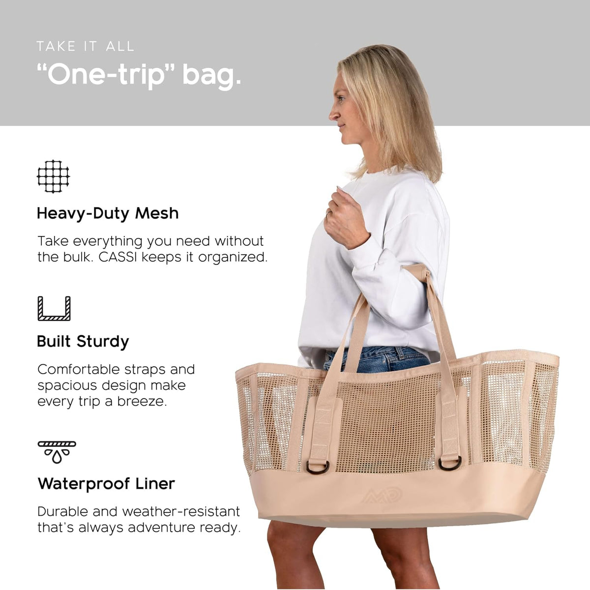 Tote Bag Waterproof Heavy-duty stylish outdoor tote bag with marine-grade mesh. Perfect for beach, boating, camping prepared.