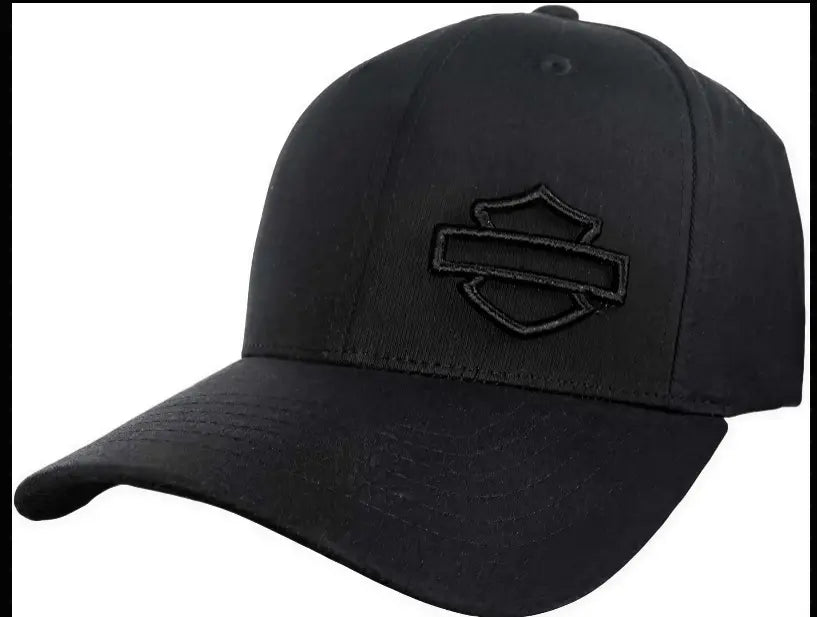 Harley-Davidson stretch baseball cap in solid black with embroidered Bar & Shield logo.  curved bill, and  six-panel design.