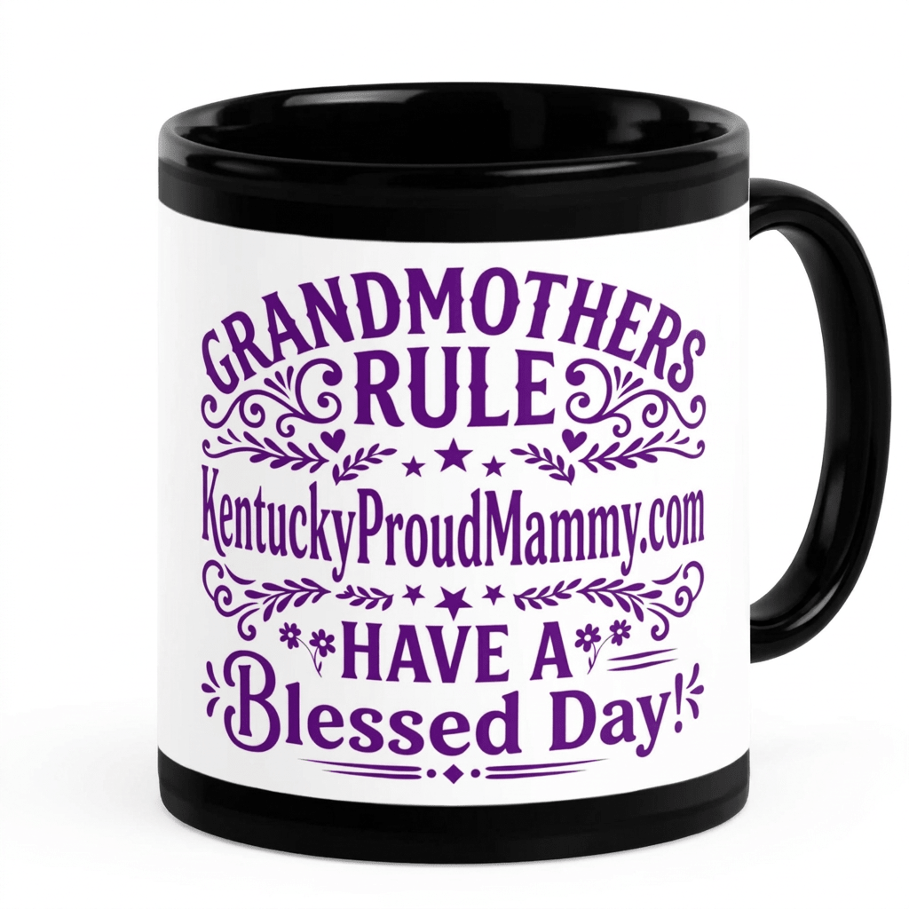 Mug in black with purple and white logo featuring purple text that reads 'Grandmothers Rule KentuckyProudMammy.com