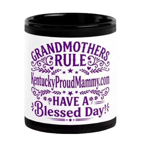 Mug featuring purple text that reads 'Grandmothers Rule KentuckyProudMammy.com