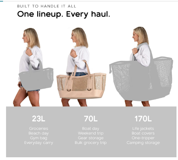 large mesh tote bag with capacity labels of 23L, 70L, and 170L, in different colors