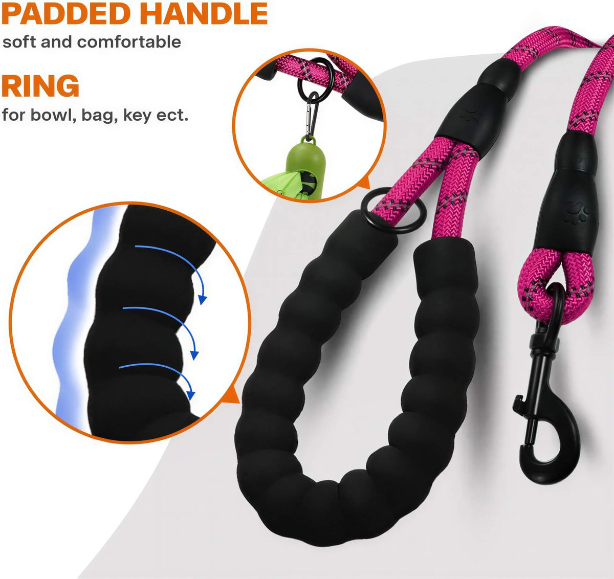 Heavy Duty Rope Dog Leash for large dog and comfort for human. Reflective threads make it visible at night for safety.