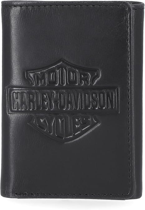 A black leather Harley-Davidson bi-fold wallet with an embossed logo on the front