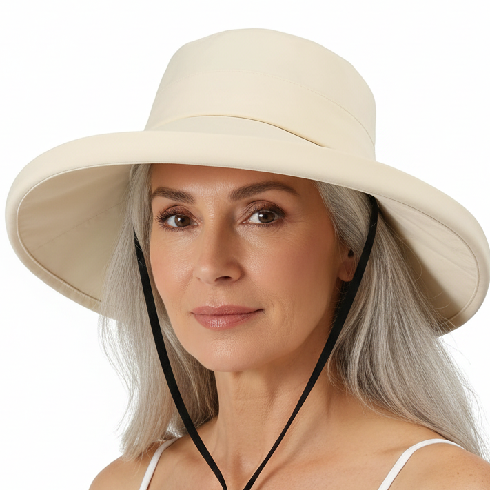 Women's Wide Brim Foldable Bucket Hat with UV protection. Lightweight, packable, and perfect for Winter vacation in the sun.