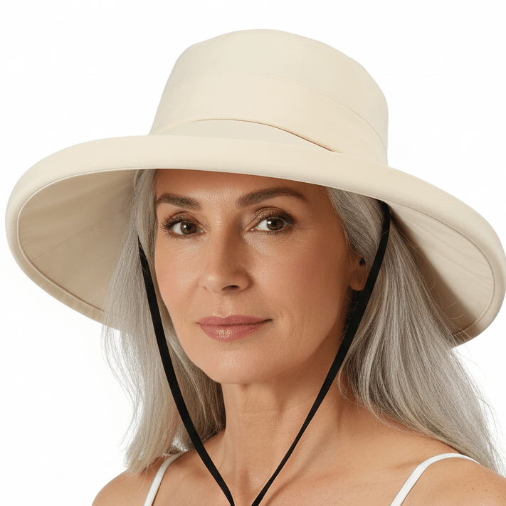 Women's Wide Brim Foldable Bucket Hat with UV protection. Lightweight, packable, and perfect for Winter vacation in the sun.